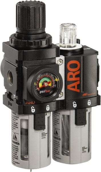 ARO/Ingersoll-Rand - 1/8" NPT Port Miniature 2 Piece Filter/Regulator-Lubricator FRL Unit - Polycarbonate Bowl, 36 SCFM, 150 Max psi, 5.2" High x 3.15" Long, Manual Drain - Exact Tooling