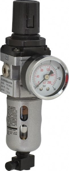 PRO-SOURCE - 1/8" NPT Port Miniature 1 Piece Filter/Regulator FRL Unit - Polycarbonate Bowl, 14 SCFM, 145 Max psi, 6.69" High, Manual Drain - Exact Tooling