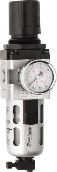 PRO-SOURCE - 3/8" NPT Port Intermediate 1 Piece Filter/Regulator FRL Unit - Polycarbonate Bowl, 77 SCFM, 145 Max psi, 8.66" High, Manual Drain - Exact Tooling