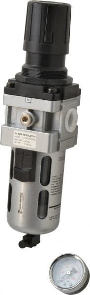 PRO-SOURCE - 1/2" NPT Port Standard 1 Piece Filter/Regulator FRL Unit - Polycarbonate Bowl, 106 SCFM, 145 Max psi, 112" High, Manual Drain - Exact Tooling
