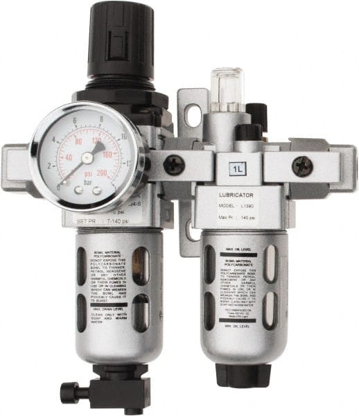 PRO-SOURCE - 1/8" NPT Port Miniature 2 Piece Filter/Regulator-Lubricator FRL Unit - Polycarbonate Bowl, 14 SCFM, 145 Max psi, 6.69" High, Manual Drain - Exact Tooling