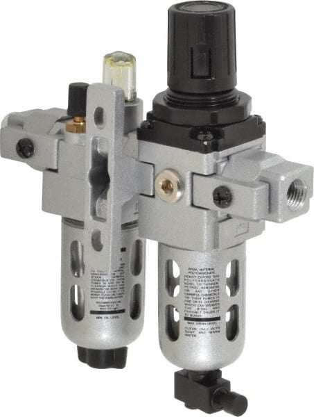PRO-SOURCE - 1/4" NPT Port Miniature 2 Piece Filter/Regulator-Lubricator FRL Unit - Polycarbonate Bowl, 18 SCFM, 145 Max psi, 6.69" High, Manual Drain - Exact Tooling
