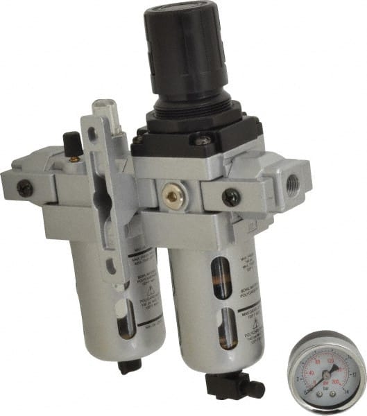 PRO-SOURCE - 1/4" NPT Port Intermediate 2 Piece Filter/Regulator-Lubricator FRL Unit - Polycarbonate Bowl, 53 SCFM, 145 Max psi, 8.66" High, Manual Drain - Exact Tooling