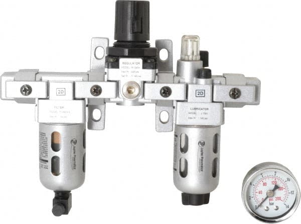 PRO-SOURCE - 1/8" NPT Port Miniature 3 Piece Filter-Regulator-Lubricator FRL Unit - Polycarbonate Bowl, 14 SCFM, 145 Max psi, 6.69" High, Manual Drain - Exact Tooling