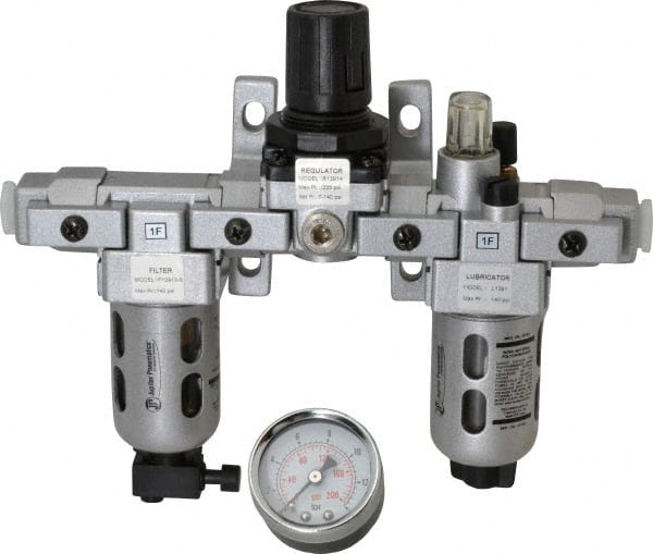 PRO-SOURCE - 1/4" NPT Port Miniature 3 Piece Filter-Regulator-Lubricator FRL Unit - Polycarbonate Bowl, 18 SCFM, 145 Max psi, 6.69" High, Manual Drain - Exact Tooling