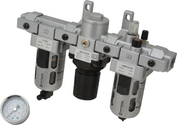 PRO-SOURCE - 1/4" NPT Port Intermediate 3 Piece Filter-Regulator-Lubricator FRL Unit - Polycarbonate Bowl, 46 SCFM, 145 Max psi, 8.66" High, Manual Drain - Exact Tooling
