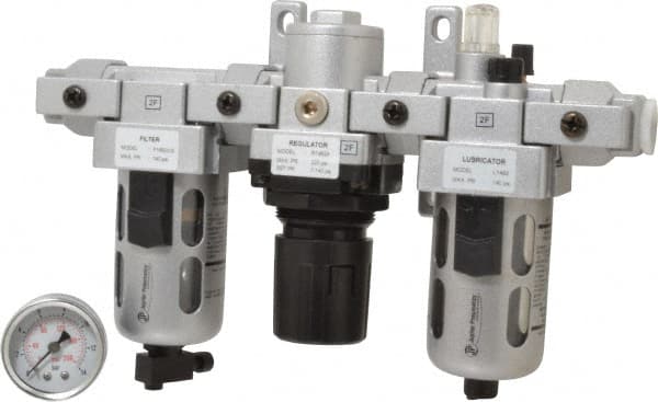 PRO-SOURCE - 3/8" NPT Port Intermediate 3 Piece Filter-Regulator-Lubricator FRL Unit - Polycarbonate Bowl, 71 SCFM, 145 Max psi, 8.66" High, Manual Drain - Exact Tooling