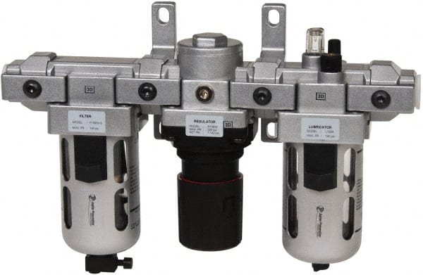 PRO-SOURCE - 1/2" NPT Port Standard 3 Piece Filter-Regulator-Lubricator FRL Unit - Polycarbonate Bowl, 106 SCFM, 145 Max psi, 112" High, Manual Drain - Exact Tooling