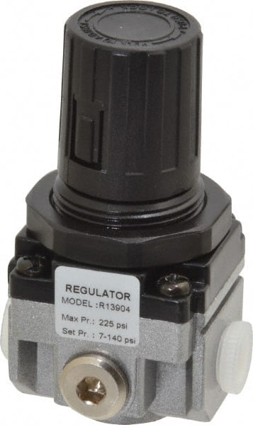 PRO-SOURCE - 1/8 NPT Port, 17 CFM, Aluminum Miniature Regulator - 7 to 145 psi Range, 220 Max psi Supply Pressure, 1/8" Gauge Port Thread, 1.56" Wide x 3.19" High - Exact Tooling