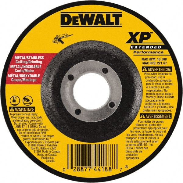 DeWALT - 24 Grit, 9" Wheel Diam, 1/8" Wheel Thickness, 7/8" Arbor Hole, Type 27 Depressed Center Wheel - Zirconia Alumina, Resinoid Bond, 6,600 Max RPM, Compatible with Angle Grinder - Exact Tooling