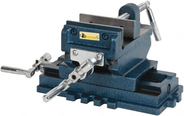 Interstate - 3-35/64" Jaw Opening Capacity x 1.18" Throat Depth, Horizontal Drill Press Vise - 4" Wide x 1.18" High Jaw, Cross Slide Base, Standard Speed, 8" OAL x 5.1" Overall Height, Cast Iron - Exact Tooling