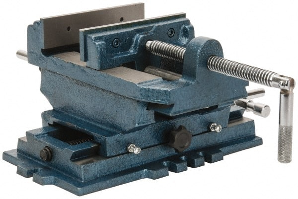 Interstate - 5-3/4" Jaw Opening Capacity x 1-1/2" Throat Depth, Horizontal Drill Press Vise - 6" Wide x 1-31/64" High Jaw, Cross Slide Base, Standard Speed, 11-1/2" OAL x 6.2" Overall Height, Cast Iron - Exact Tooling