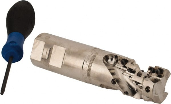 Seco - 1-1/4" Cut Diam, 1.73" Max Depth of Cut, 1-1/4" Shank Diam, 5" OAL, Indexable Square Shoulder Helical End Mill - XO.X 1204 Inserts, Weldon Shank, 90° Lead Angle, Through Coolant, Series Super Turbo - Exact Tooling