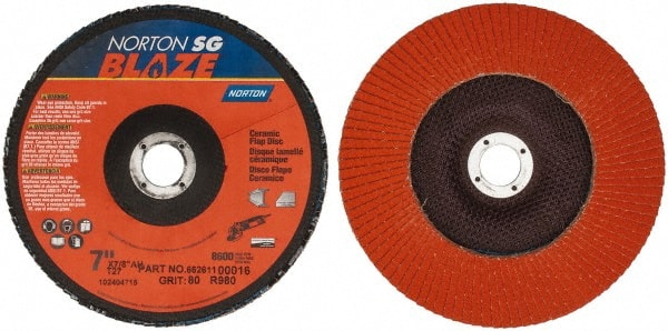 Norton - 80 Grit, 7" Disc Diam, 7/8" Center Hole, Type 27 Ceramic Flap Disc - Plastic Backing, Arbor Attaching System, Coated - Exact Tooling