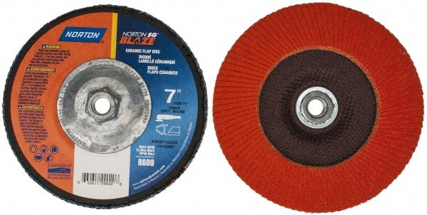 Norton - 80 Grit, 7" Disc Diam, 5/8-11 Center Hole, Type 27 Ceramic Flap Disc - Plastic Backing, Arbor Attaching System, Coated - Exact Tooling