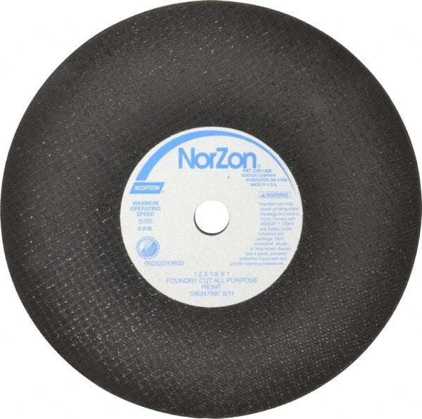 Norton - 12" Zirconia Alumina Cutoff Wheel - 1/8" Thick, 1" Arbor, 5,095 Max RPM, Use with Stationary Grinders - Exact Tooling