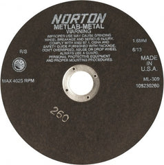 Norton - 9" Aluminum Oxide Cutoff Wheel - 0.063" Thick, 1-1/4" Arbor, 4,025 Max RPM, Use with Stationary Tools - Exact Tooling