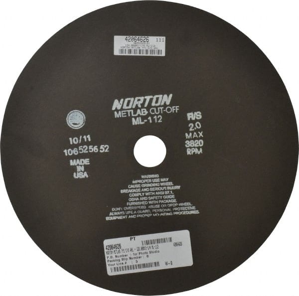 Norton - 12" Aluminum Oxide Cutoff Wheel - 0.078" Thick, 1-1/4" Arbor, 3,820 Max RPM, Use with Stationary Tools - Exact Tooling