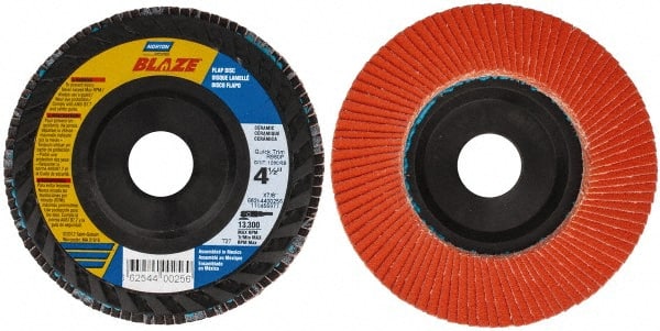 Norton - 120 Grit, 4-1/2" Disc Diam, 7/8" Center Hole, Type 27 Ceramic Flap Disc - Fiberglass Backing, Arbor Attaching System, Coated - Exact Tooling