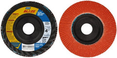 Norton - 120 Grit, 4-1/2" Disc Diam, 7/8" Center Hole, Type 27 Ceramic Flap Disc - Fiberglass Backing, Arbor Attaching System, Coated - Exact Tooling