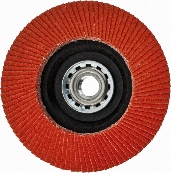Norton - 120 Grit, 4-1/2" Disc Diam, 5/8-11 Center Hole, Type 27 Ceramic Flap Disc - Fiberglass Backing, Arbor Attaching System, Coated - Exact Tooling