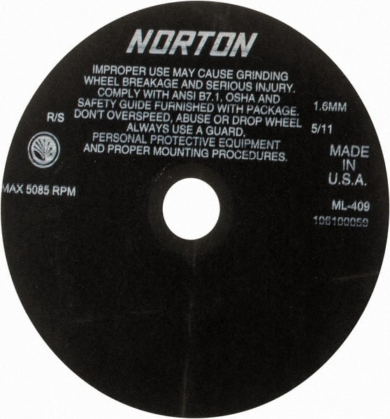 Norton - 9" Aluminum Oxide Cutoff Wheel - 0.063" Thick, 1-1/4" Arbor, 5,085 Max RPM, Use with Stationary Tools - Exact Tooling