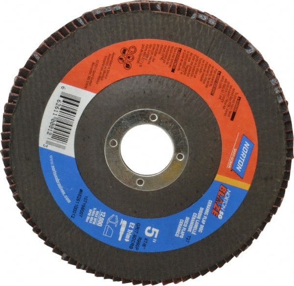 Norton - 80 Grit, 5" Disc Diam, 7/8" Center Hole, Type 27 Ceramic Flap Disc - Plastic Backing, Arbor Attaching System, Coated - Exact Tooling