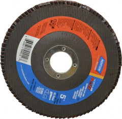 Norton - 80 Grit, 5" Disc Diam, 7/8" Center Hole, Type 27 Ceramic Flap Disc - Plastic Backing, Arbor Attaching System, Coated - Exact Tooling