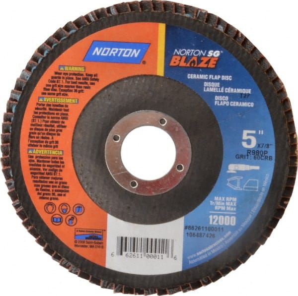 Norton - 60 Grit, 5" Disc Diam, 7/8" Center Hole, Type 27 Ceramic Flap Disc - Plastic Backing, Arbor Attaching System, Coated - Exact Tooling