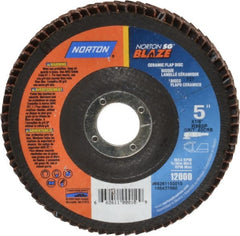 Norton - 40 Grit, 5" Disc Diam, 7/8" Center Hole, Type 27 Ceramic Flap Disc - Plastic Backing, Arbor Attaching System, Coated - Exact Tooling