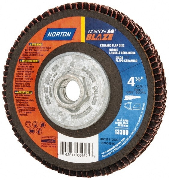 Norton - 60 Grit, 4-1/2" Disc Diam, 5/8-11 Center Hole, Type 27 Ceramic Flap Disc - Plastic Backing, Arbor Attaching System, Coated - Exact Tooling