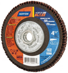 Norton - 60 Grit, 4-1/2" Disc Diam, 5/8-11 Center Hole, Type 27 Ceramic Flap Disc - Plastic Backing, Arbor Attaching System, Coated - Exact Tooling