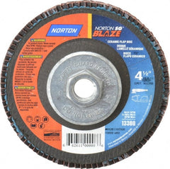 Norton - 80 Grit, 4-1/2" Disc Diam, 5/8-11 Center Hole, Type 27 Ceramic Flap Disc - Plastic Backing, Arbor Attaching System, Coated - Exact Tooling