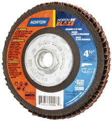 Norton - 40 Grit, 4-1/2" Disc Diam, 5/8-11 Center Hole, Type 27 Ceramic Flap Disc - Plastic Backing, Arbor Attaching System, Coated - Exact Tooling