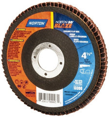 Norton - 60 Grit, 4-1/2" Disc Diam, 7/8" Center Hole, Type 27 Ceramic Flap Disc - Plastic Backing, Arbor Attaching System, Coated - Exact Tooling