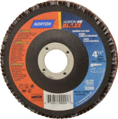 Norton - 80 Grit, 4-1/2" Disc Diam, 7/8" Center Hole, Type 27 Ceramic Flap Disc - Plastic Backing, Arbor Attaching System, Coated - Exact Tooling