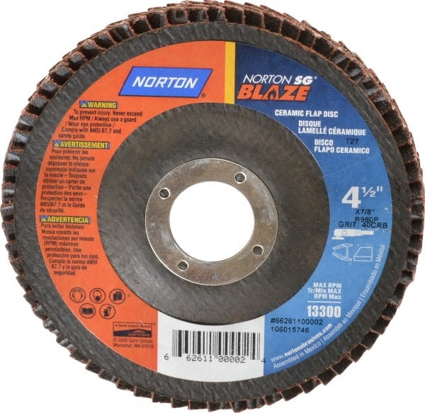 Norton - 40 Grit, 4-1/2" Disc Diam, 7/8" Center Hole, Type 27 Ceramic Flap Disc - Plastic Backing, Arbor Attaching System, Coated - Exact Tooling
