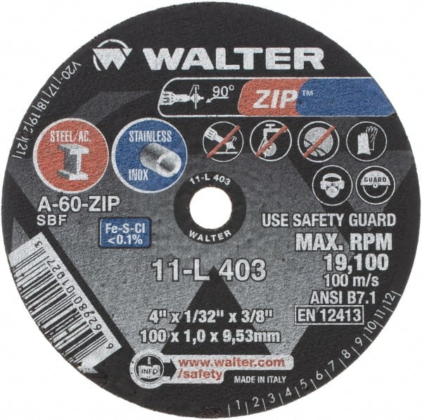 WALTER Surface Technologies - 4" 60 Grit Aluminum Oxide Cutoff Wheel - 1/32" Thick, 3/8" Arbor, 19,100 Max RPM, Use with Die Grinders - Exact Tooling