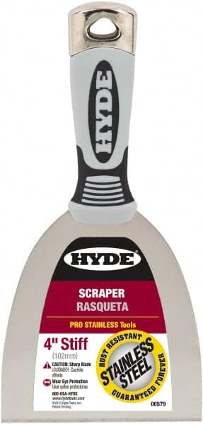 Hyde Tools - Stiff Stainless Steel Stiff Chisel - 4" Blade Width, 4" Long Cushioned Grip/Hammerhead Plastic Overmold Handle - Exact Tooling