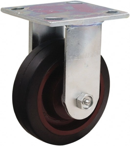 Hamilton - 5" Diam x 1-1/2" Wide x 6-1/8" OAH Top Plate Mount Rigid Caster - Rubber Mold on Cast Iron, 240 Lb Capacity, Straight Roller Bearing, 4 x 4-1/2" Plate - Exact Tooling