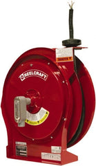 Reelcraft - 12 AWG, 50' Cable Length, Cord & Cable Reel with Flying Lead End - 0 Outlets, 16 Amps, 600 Volts, SEOOW Cable, Red Reel, Spring Driven Reel - Exact Tooling