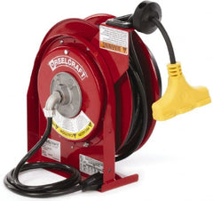 Reelcraft - 12 AWG, 45' Cable Length, Cord & Cable Reel with Triple-Tap Outlet End - 3 Outlets, NEMA 5-15R, 15 Amps, 125 Volts, SJEOOW Cable, Red Reel, Spring Driven Reel - Exact Tooling