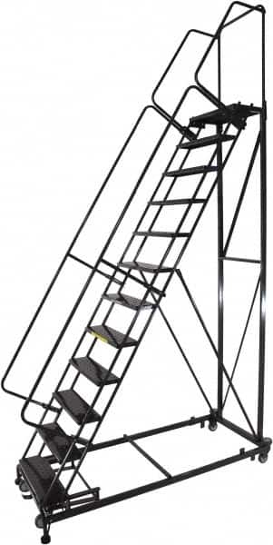 Ballymore - 173" 14 Step Ladder - Rolling Safety Ladder, 600 Lb Capacity, 140" Platform Height, 32" Base Width x 107" Base Depth, Perforated Tread - Exact Tooling