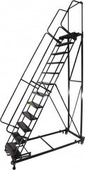 Ballymore - 173" 14 Step Ladder - Rolling Safety Ladder, 600 Lb Capacity, 140" Platform Height, 32" Base Width x 107" Base Depth, Perforated Tread - Exact Tooling