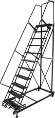 Ballymore - 143" 11 Step Ladder - Rolling Safety Ladder, 600 Lb Capacity, 110" Platform Height, 32" Base Width x 87" Base Depth, Perforated Tread - Exact Tooling
