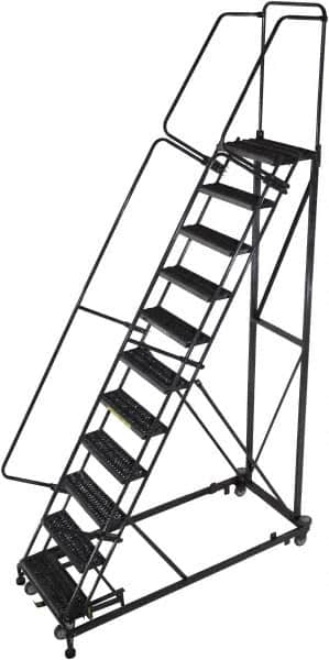 Ballymore - 143" 11 Step Ladder - Rolling Safety Ladder, 600 Lb Capacity, 110" Platform Height, 32" Base Width x 87" Base Depth, Serrated - Exact Tooling