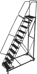 Ballymore - 143" 11 Step Ladder - Rolling Safety Ladder, 600 Lb Capacity, 110" Platform Height, 32" Base Width x 87" Base Depth, Serrated - Exact Tooling
