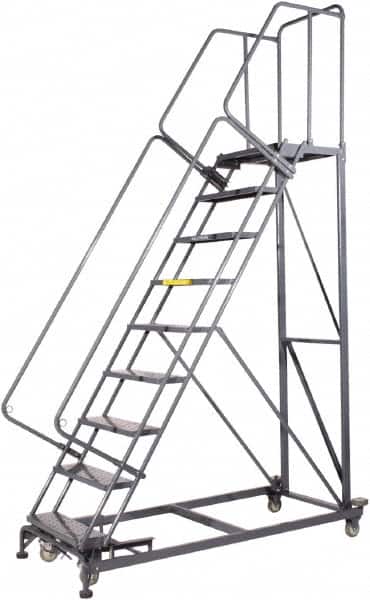 Ballymore - 123" 9 Step Ladder - Rolling Safety Ladder, 600 Lb Capacity, 90" Platform Height, 32" Base Width x 75" Base Depth, Expanded Metal Tread - Exact Tooling