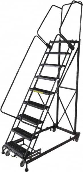 Ballymore - 123" 9 Step Ladder - Rolling Safety Ladder, 600 Lb Capacity, 90" Platform Height, 32" Base Width x 75" Base Depth, Serrated - Exact Tooling