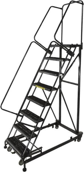 Ballymore - 113" 8 Step Ladder - Rolling Safety Ladder, 600 Lb Capacity, 80" Platform Height, 32" Base Width x 68" Base Depth, Serrated - Exact Tooling
